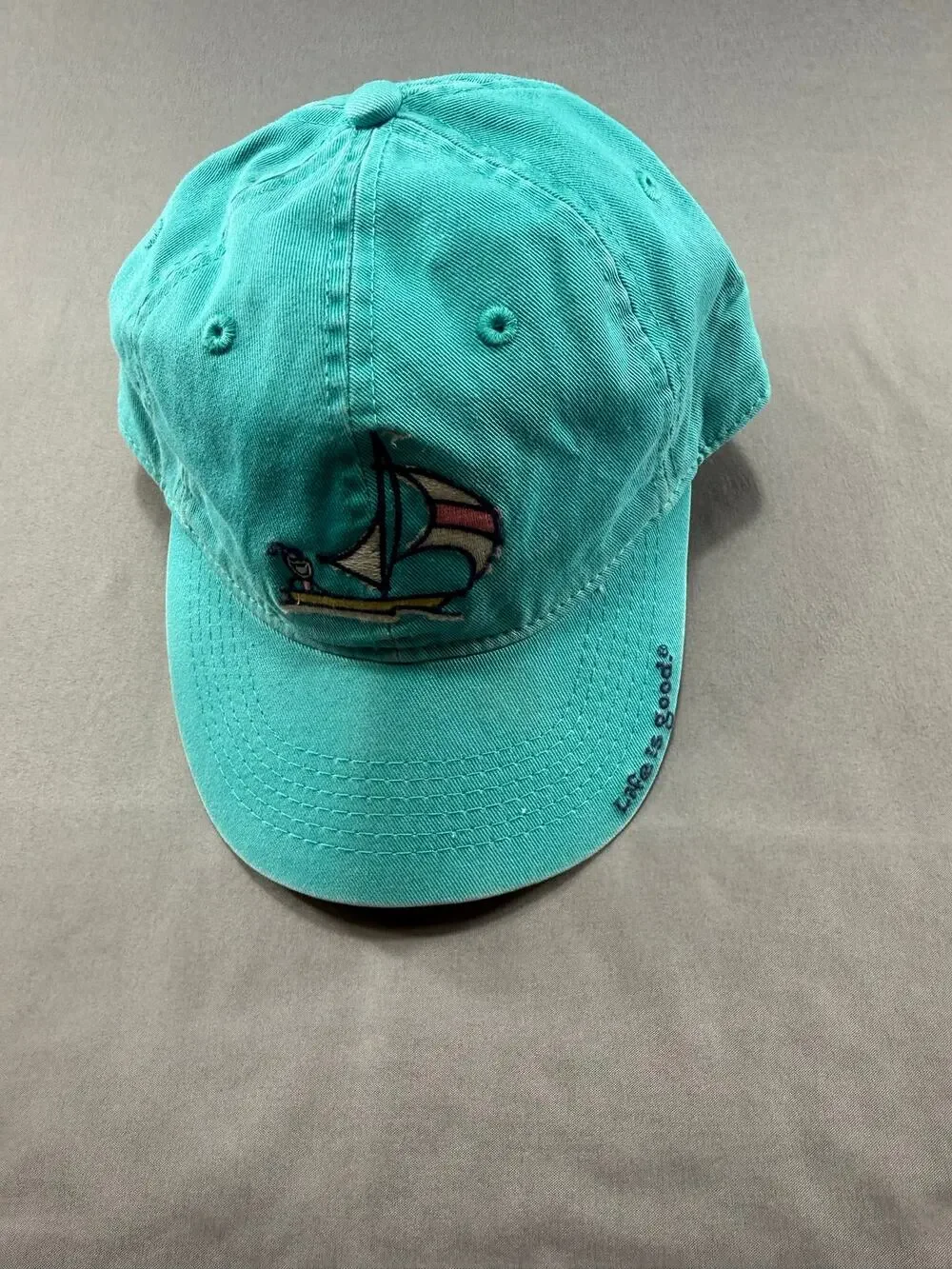 Life Is Good Sailboat Embroidered Baseball Cap Aqua Blue Adjustable Strap Hat